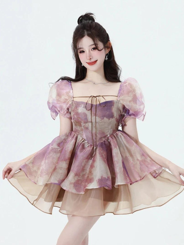 Soft Girl Puff Sleeve Layered Mini Dress - KAYSMAR