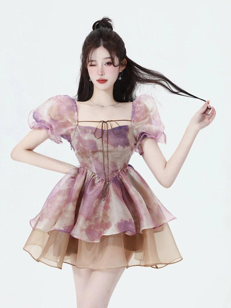 Soft Girl Puff Sleeve Layered Mini Dress - KAYSMAR