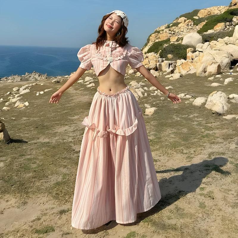 Soft Girl Striped Crop Top & Maxi Skirt Two Piece Set - KAYSMAR
