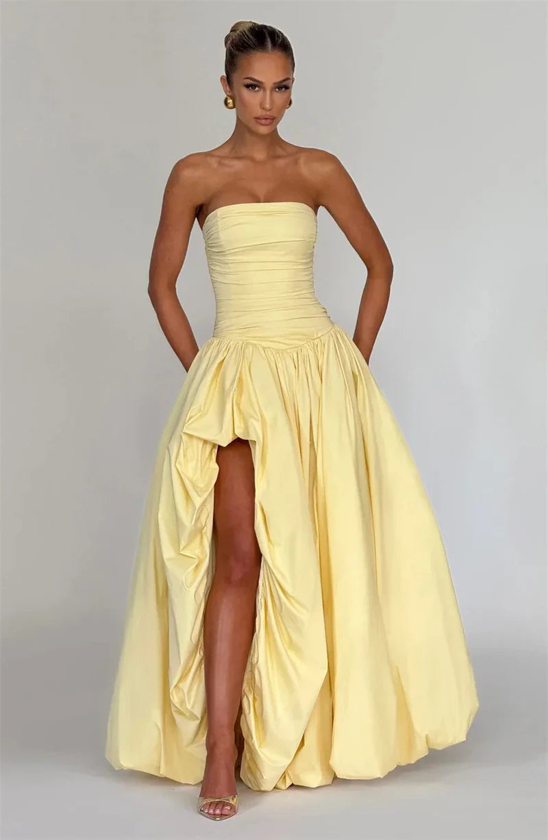 Strapless High Split Lace-Up Back Maxi Dress - KAYSMAR