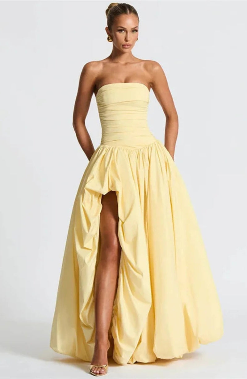 Strapless High Split Lace-Up Back Maxi Dress - KAYSMAR