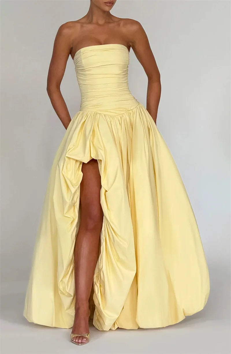 Strapless High Split Lace-Up Back Maxi Dress - KAYSMAR