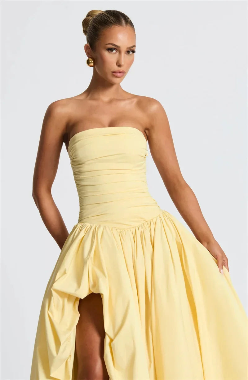 Strapless High Split Lace-Up Back Maxi Dress - KAYSMAR