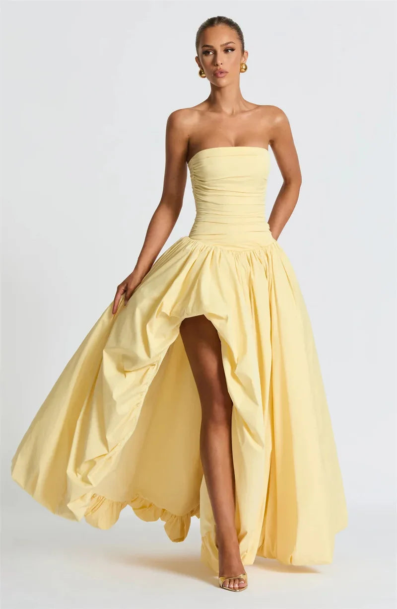 Strapless High Split Lace-Up Back Maxi Dress - KAYSMAR