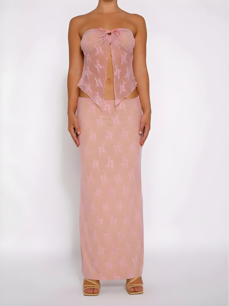 Strapless Sheer Top & Maxi Skirt Two Piece Set - KAYSMAR