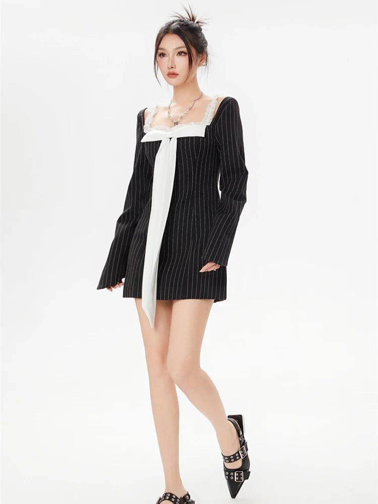 Striped Lace Strap Bow Mini Dress - KAYSMAR