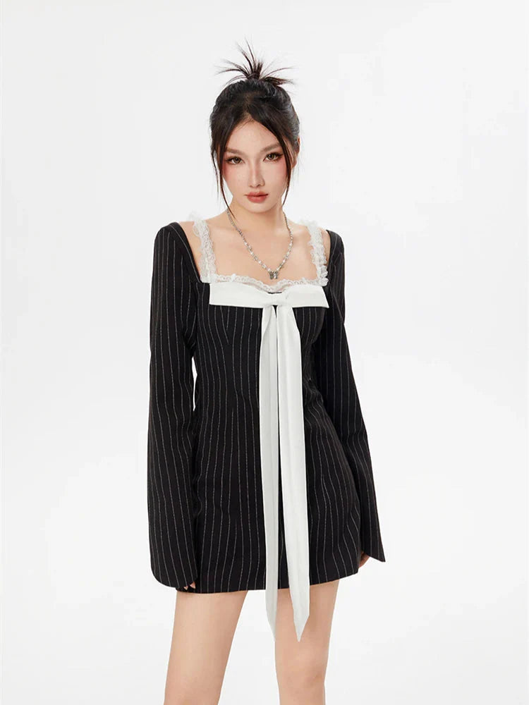 Striped Lace Strap Bow Mini Dress - KAYSMAR