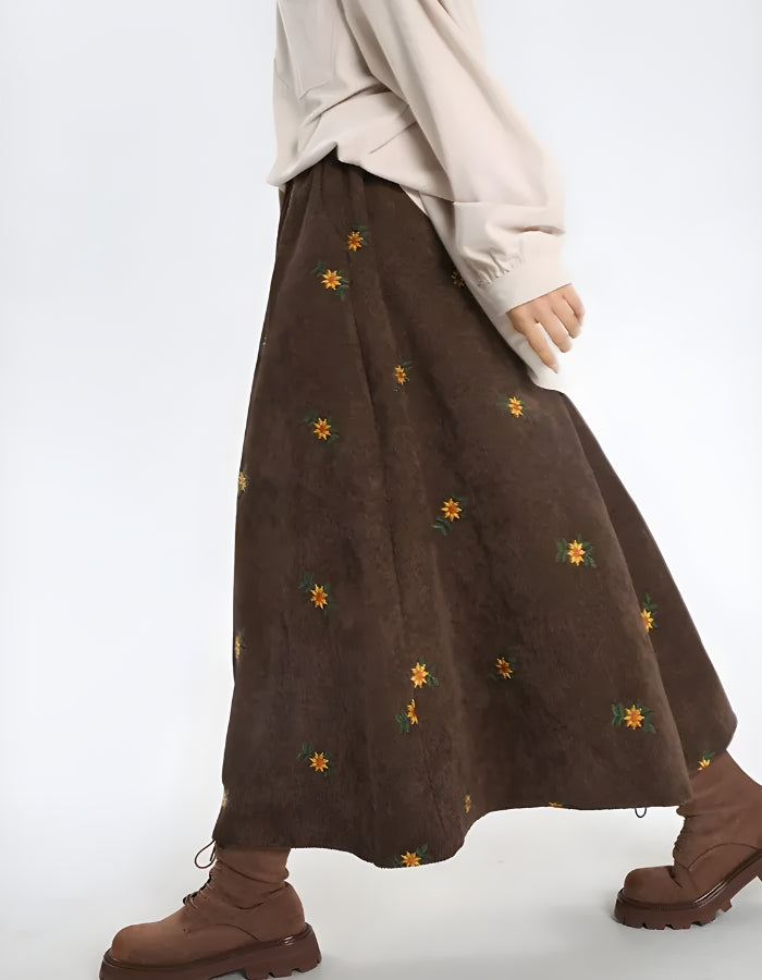 Sunflower Embroidered Corduroy Maxi Skirt - KAYSMAR