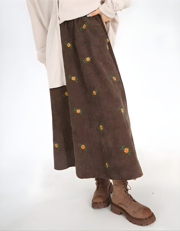 Sunflower Embroidered Corduroy Maxi Skirt - KAYSMAR
