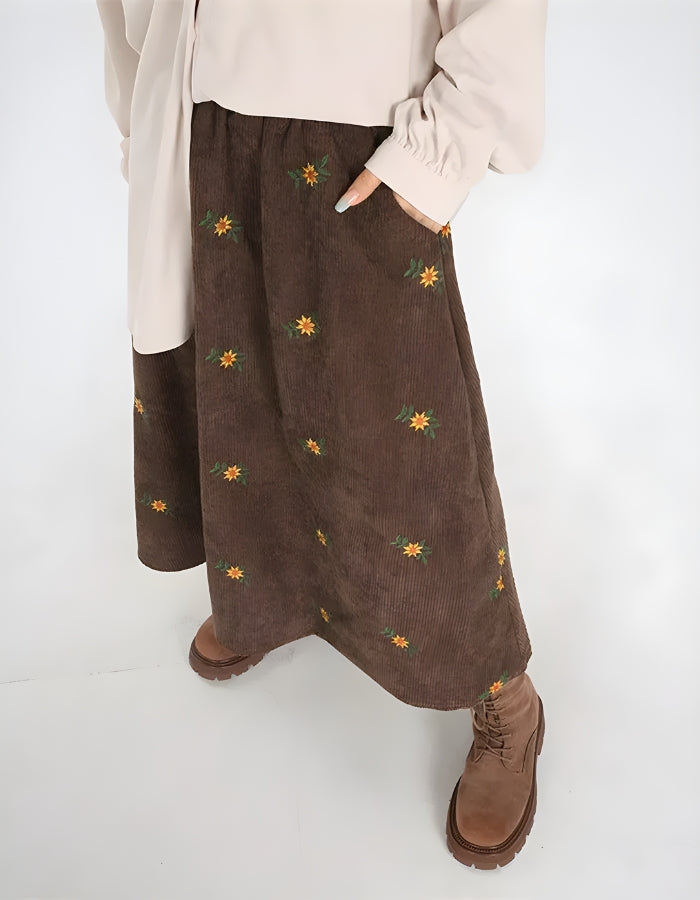 Sunflower Embroidered Corduroy Maxi Skirt - KAYSMAR