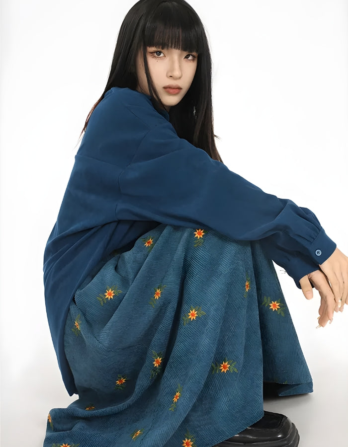 Sunflower Embroidered Corduroy Maxi Skirt - KAYSMAR