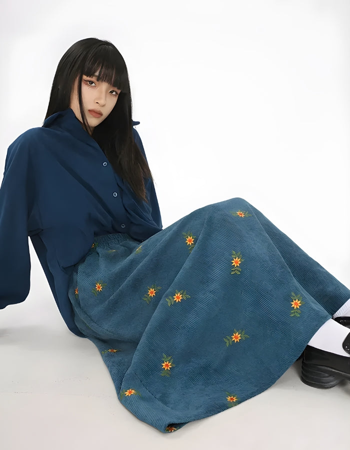 Sunflower Embroidered Corduroy Maxi Skirt - KAYSMAR