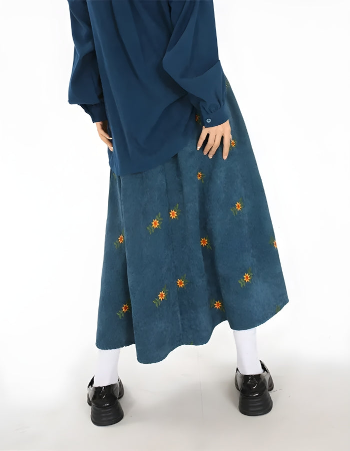 Sunflower Embroidered Corduroy Maxi Skirt - KAYSMAR