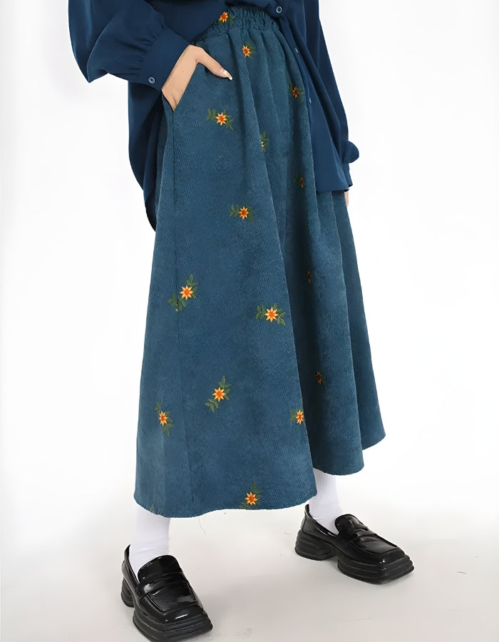 Sunflower Embroidered Corduroy Maxi Skirt - KAYSMAR