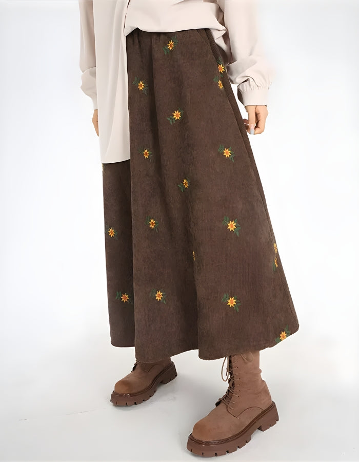 Sunflower Embroidered Corduroy Maxi Skirt - KAYSMAR