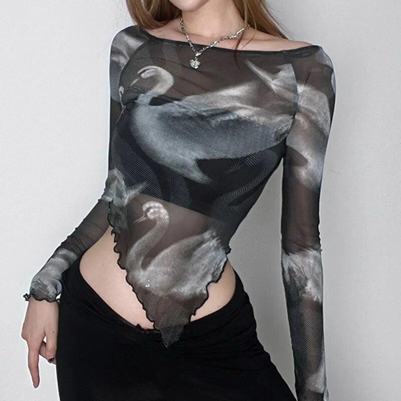 Swan Graphic Asymmetrical Mesh Top - KAYSMAR