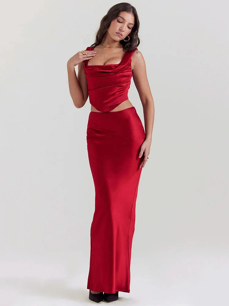 Wine Satin Corset Top & Maxi Skirt Two Piece Set - KAYSMAR