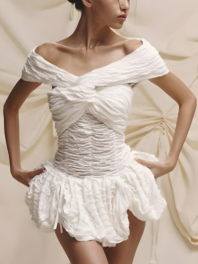 Wrinkled Off Shoulder Mini Dress - KAYSMAR