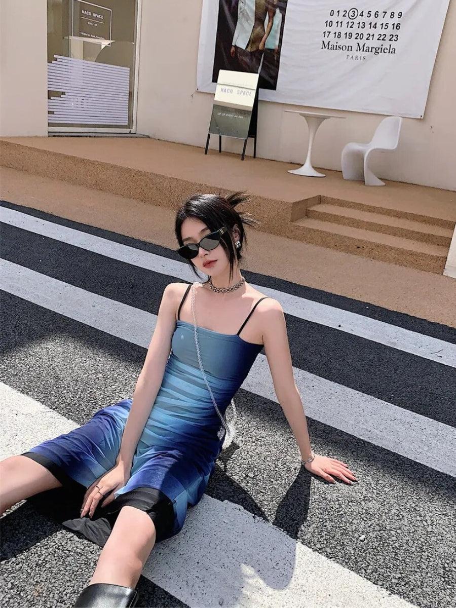 Y2K Blue Gradient Strappy Midi Dress - KAYSMAR