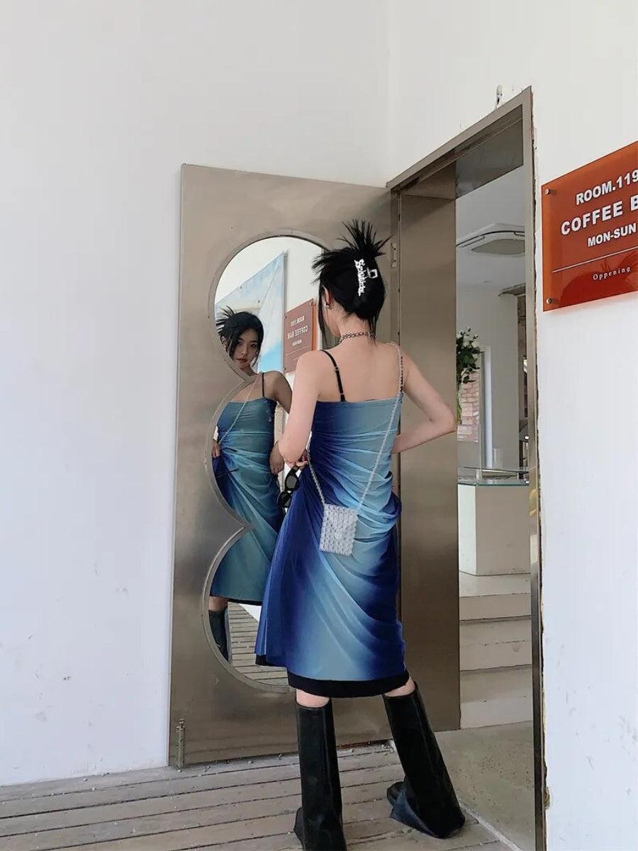 Y2K Blue Gradient Strappy Midi Dress - KAYSMAR