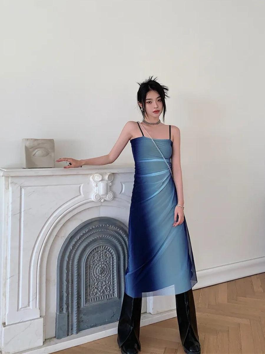 Y2K Blue Gradient Strappy Midi Dress - KAYSMAR