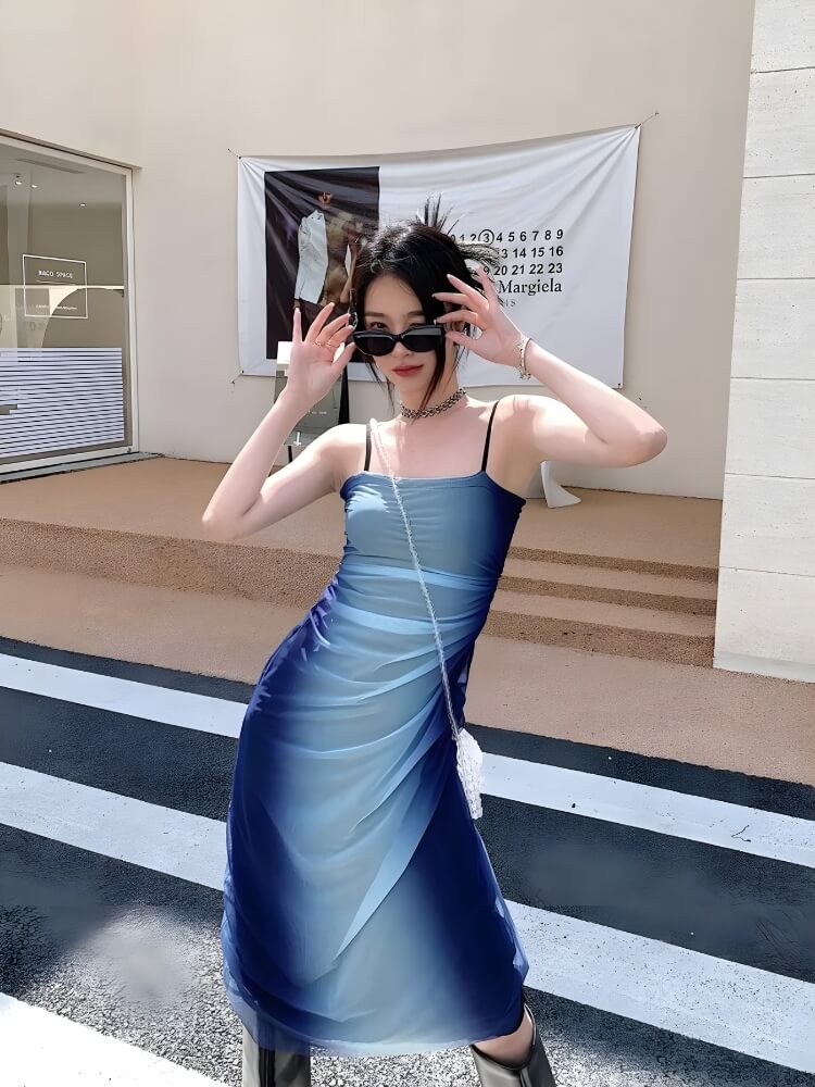 Y2K Blue Gradient Strappy Midi Dress - KAYSMAR