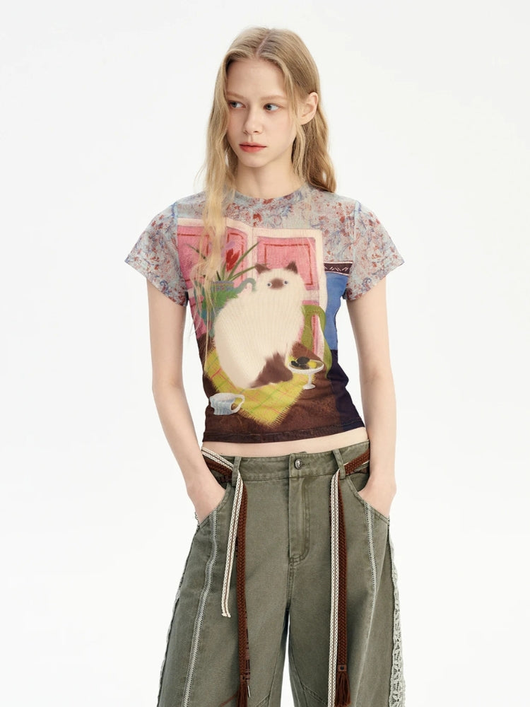Y2K Cat Graphic Tee - KAYSMAR