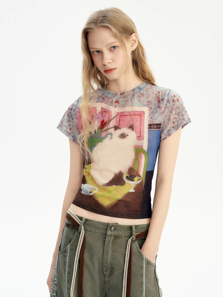 Y2K Cat Graphic Tee - KAYSMAR