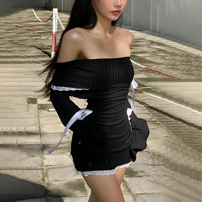 Y2K Corduroy Off Shoulder Bow Mini Dress - KAYSMAR