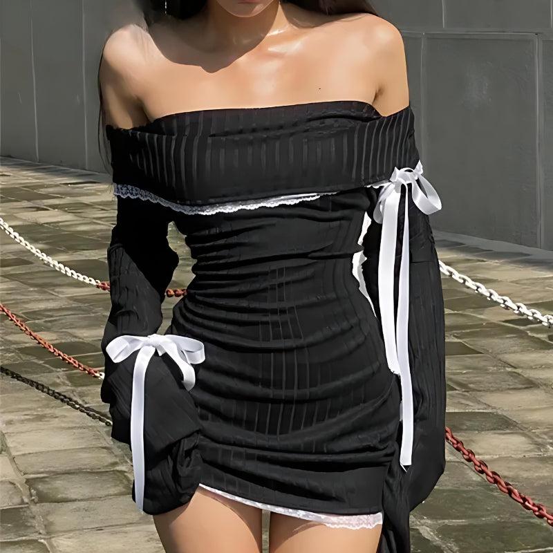 Y2K Corduroy Off Shoulder Bow Mini Dress - KAYSMAR