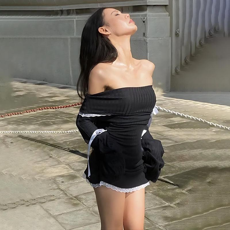 Y2K Corduroy Off Shoulder Bow Mini Dress - KAYSMAR