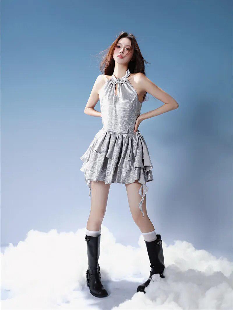 Y2K Cyber Halter Neck Mini Dress - KAYSMAR