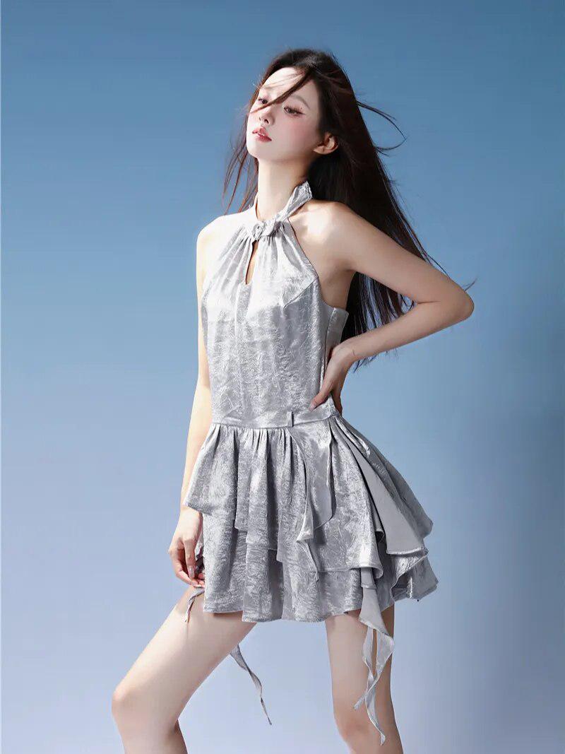 Y2K Cyber Halter Neck Mini Dress - KAYSMAR