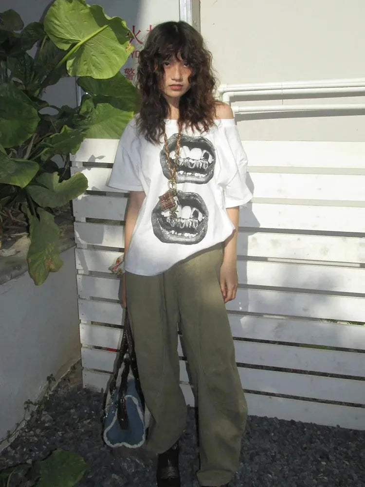 Y2K One Shoulder Lips Tee - KAYSMAR
