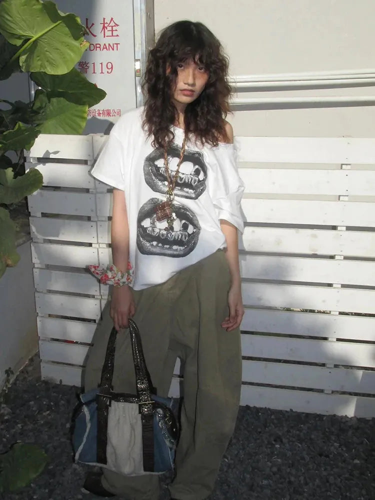 Y2K One Shoulder Lips Tee - KAYSMAR