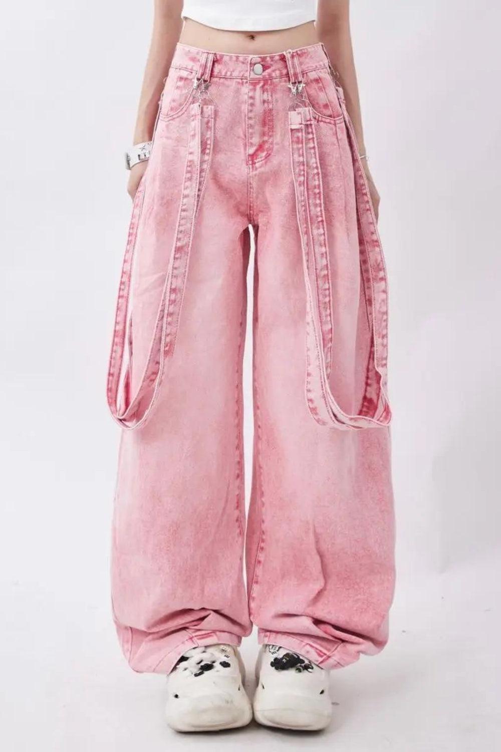 Y2K Soft Girl Double Belted Baggy Jeans - KAYSMAR