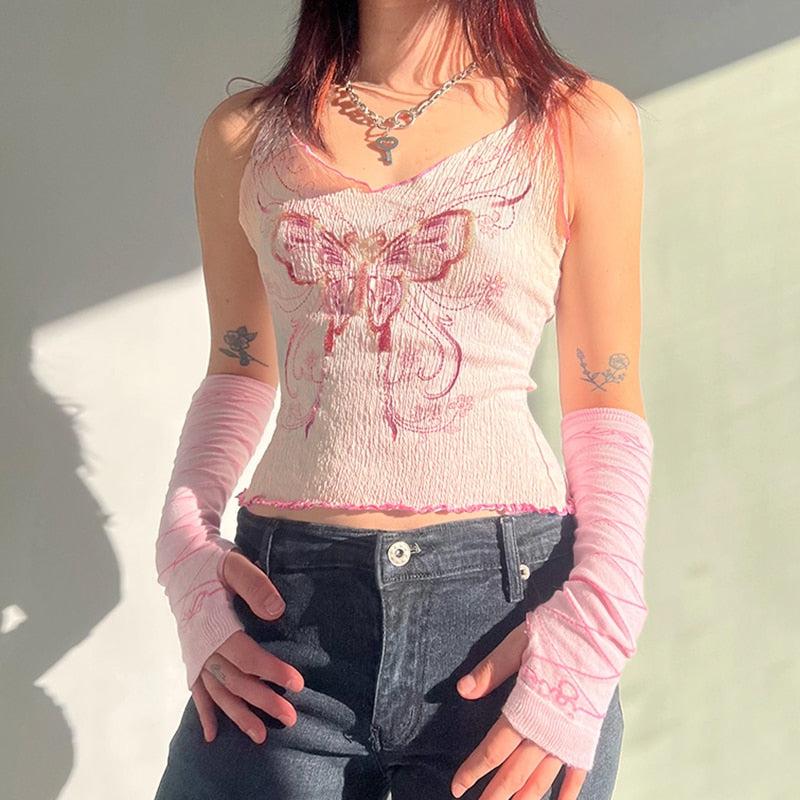 Y2K Butterfly Pink Crop Top - KAYSMAR