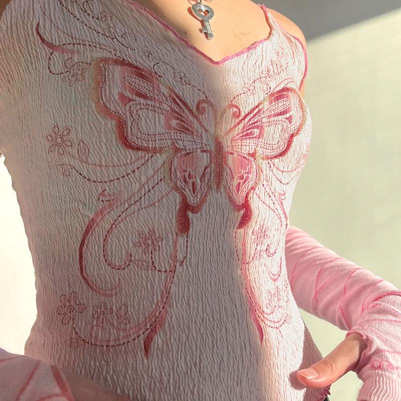 Y2K Butterfly Pink Crop Top - KAYSMAR