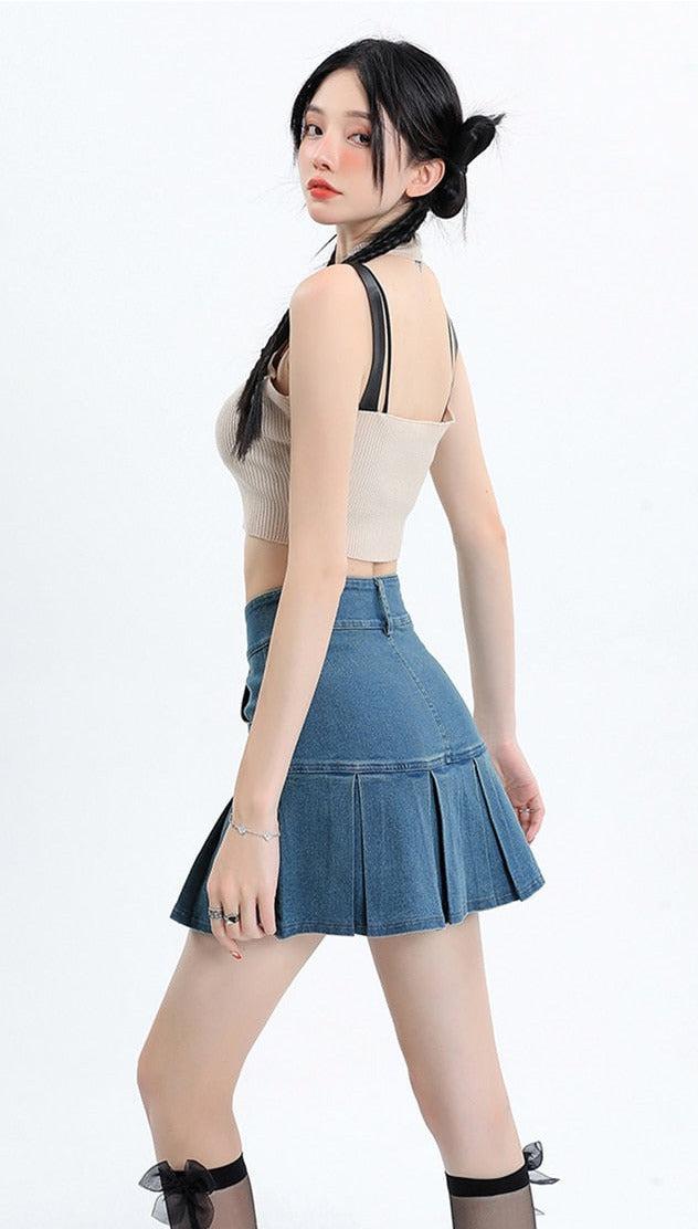 Y2K Pleated Jean Mini Skort - KAYSMAR