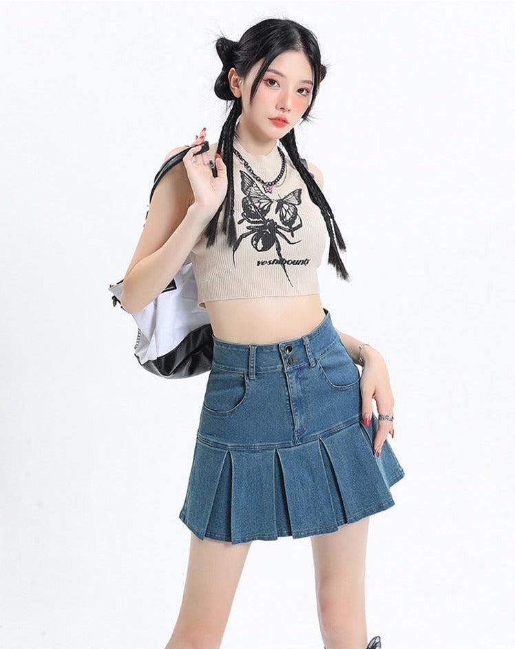 Y2K Pleated Jean Mini Skort - KAYSMAR