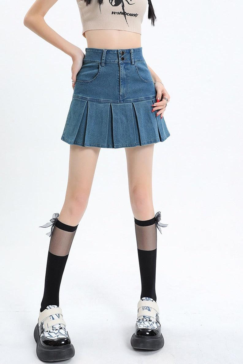 Y2K Pleated Jean Mini Skort - KAYSMAR