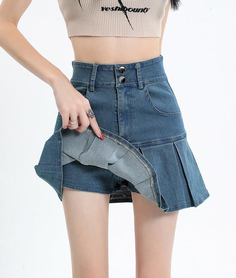 Y2K Pleated Jean Mini Skort - KAYSMAR
