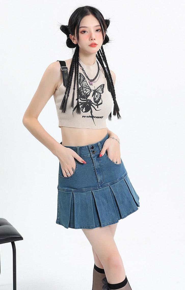 Y2K Pleated Jean Mini Skort - KAYSMAR