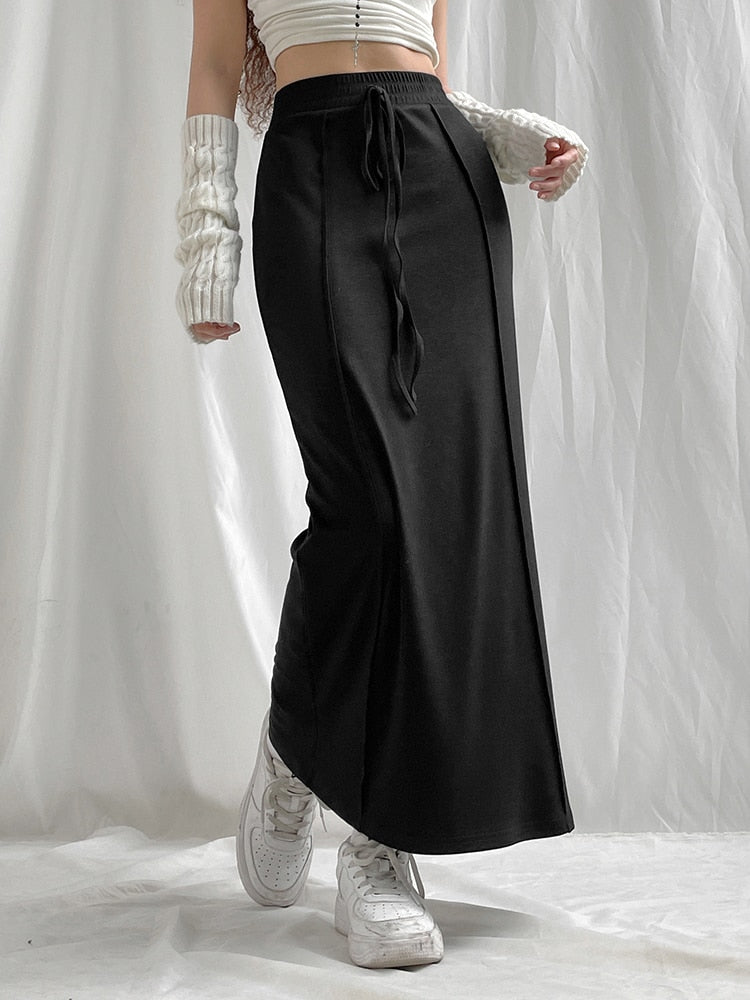 Black Drawstring High Waist Long Skirt - Kaysmar