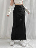 Black Drawstring High Waist Long Skirt - Kaysmar