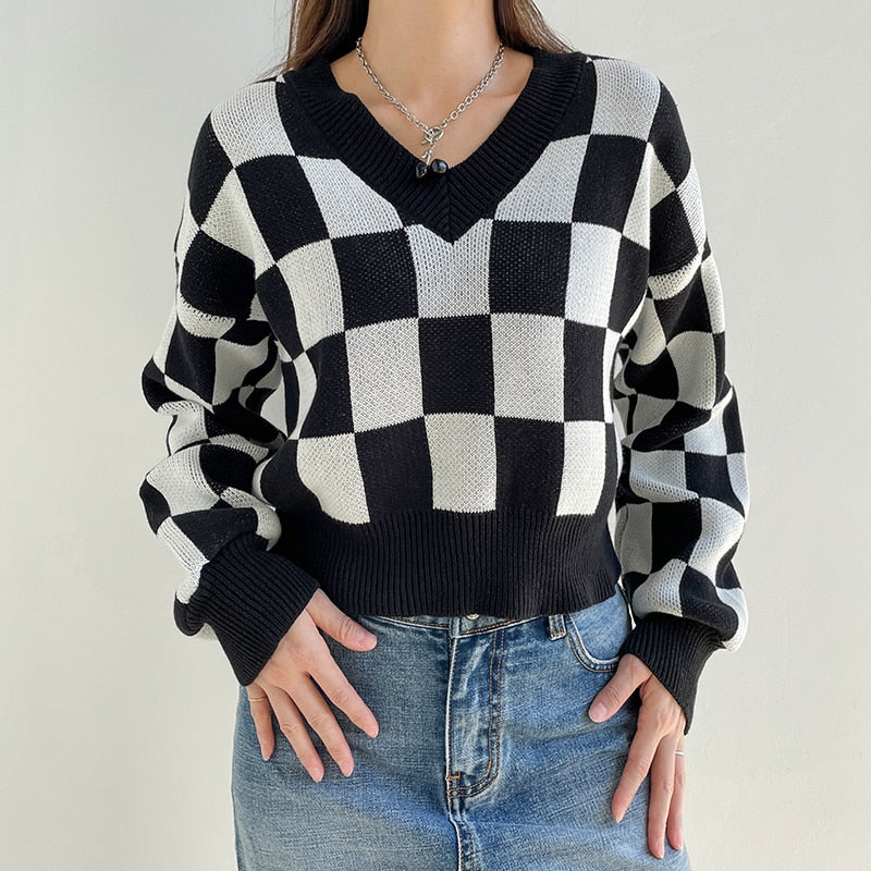 Checkerboard Plaid Crop Sweater - Kaysmar