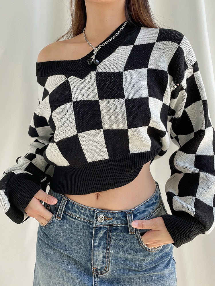 Checkerboard Plaid Crop Sweater - Kaysmar