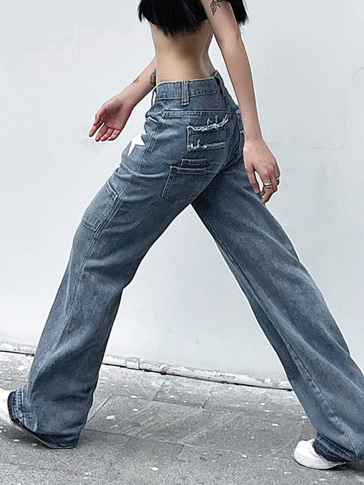 Y2K Streetwear Star Print Low Rise Flared Jeans